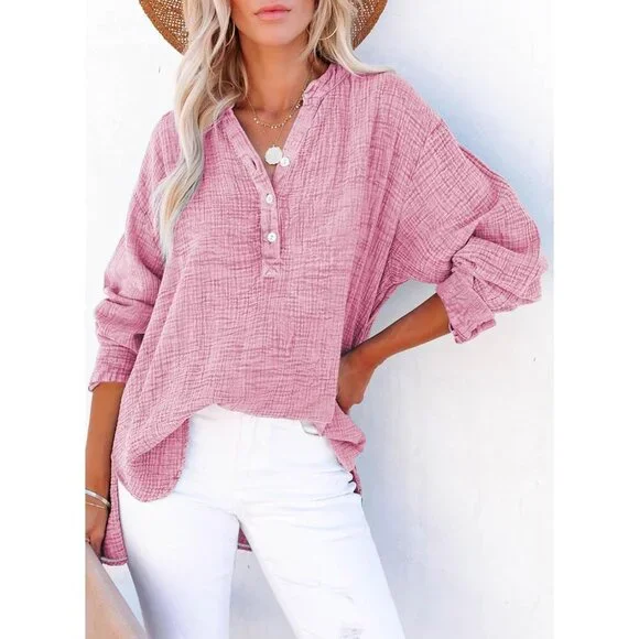 Women's Cotton V Neck Button Long Sleeve Blouse Oversized Casual Top - Picture 2 of 6